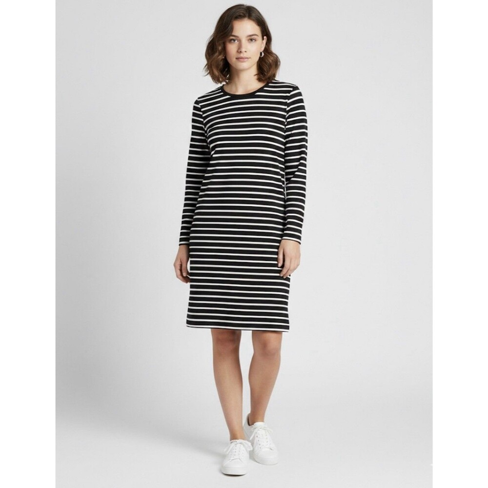NWT Loft Ann Taylor Black White Striped Long Sleeve Shift Dress Women’s Size XL